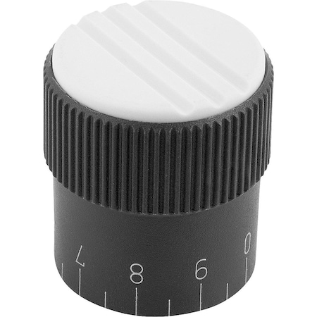 Kipp Knurled Knob W.Scale Size:3, D1=34, H=36, D=8, Form:C, Plastic Black, Comp:Steel, Cap:Gray K0248.33085
